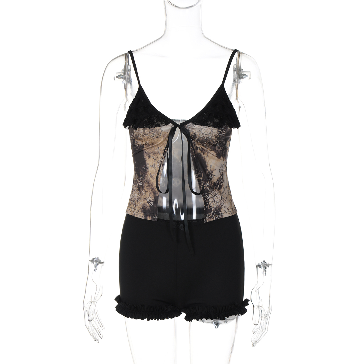 Vintage Printed Lace-Up Cardigan and Lace Camisole with Shorts Two-Piece Set - Women's Vacation Style Fashion Set