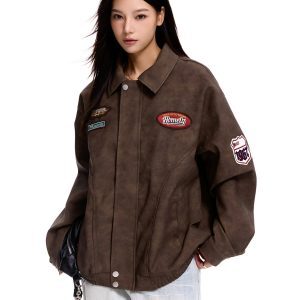 Vintage PU Leather Biker Jacket for Men and Women, Loose Fit Trendy Flight Jacket, Retro 90s Style