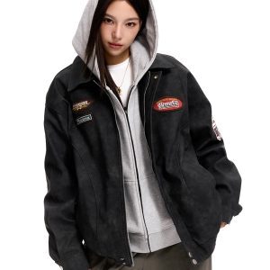 Vintage PU Leather Biker Jacket for Men and Women, Loose Fit Trendy Flight Jacket, Retro 90s Style