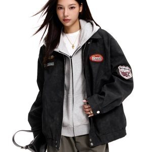 Vintage PU Leather Biker Jacket for Men and Women, Loose Fit Trendy Flight Jacket, Retro 90s Style