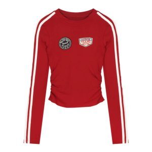 Vintage Red Long-Sleeve Cropped T-Shirt for Women - Spicy Girl Dancing American Hip-Hop Jazz Style, Trendy Y2K Fashion Top