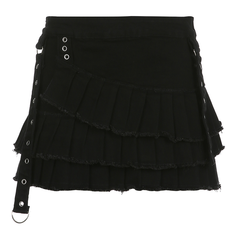 Vintage Ruffled Pleated Skirt with Metal Buckle and Flowing Ribbon - Low Waist Autumn Fashion for Millennium Subculture