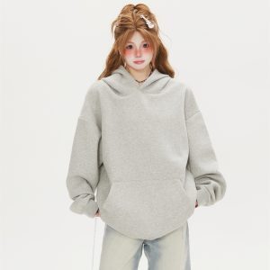 Vintage Solid Color Heavyweight Hoodie for Women - Loose Casual Sweatshirt for Spring and Autumn, 90s Inspired Fashion
