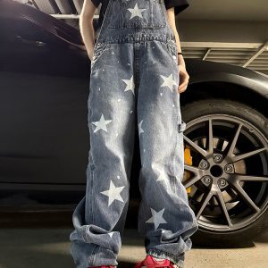Vintage Star Print Denim Overalls for Men and Women - Summer Loose Straight Wide-Leg Jumpsuit, 90s Inspired Fashion