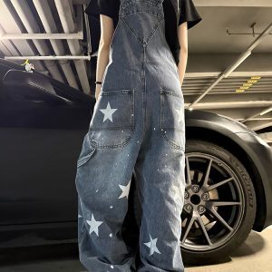 Vintage Star Print Denim Overalls for Men and Women - Summer Loose Straight Wide-Leg Jumpsuit, 90s Inspired Fashion