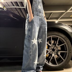 Vintage Star Print Denim Overalls for Men and Women - Summer Loose Straight Wide-Leg Jumpsuit, 90s Inspired Fashion