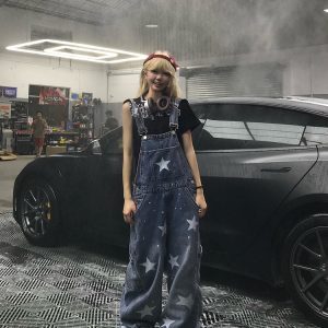 Vintage Star Print Denim Overalls for Men and Women - Summer Loose Straight Wide-Leg Jumpsuit, 90s Inspired Fashion