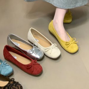 Vintage-Style Suede Ballet Flats for Women, Shallow Mouth Loafers with Bow, 2025 Fashion, Comfortable Everyday Shoes