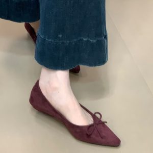 Vintage Suede Single Shoes with French Pointed Toe and Bow - Comfortable Commuter Style for Skirts, Perfect for Y2K Fashion