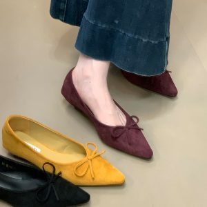 Vintage Suede Single Shoes with French Pointed Toe and Bow - Comfortable Commuter Style for Skirts, Perfect for Y2K Fashion