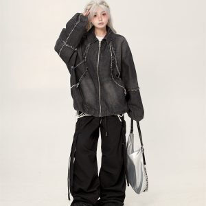 Vintage Tie-Dye Oversized Distressed Patchwork Denim Jacket for Women - Versatile Spring Autumn Outerwear with a High-End Feel