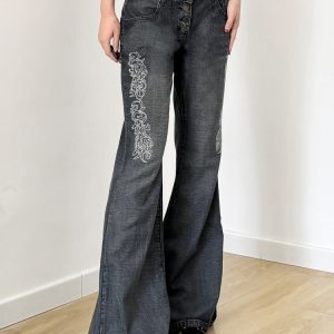 Vintage Tribal Print Distressed Gray Denim Pants for Women - Slim Fit Flared Style, American 90s Fashion Inspired