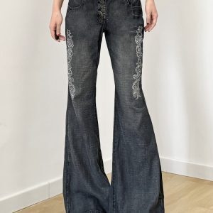 Vintage Tribal Print Distressed Gray Denim Pants for Women - Slim Fit Flared Style, American 90s Fashion Inspired