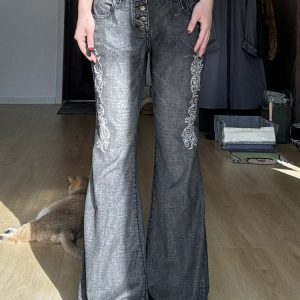 Vintage Tribal Print Distressed Gray Denim Pants for Women - Slim Fit Flared Style, American 90s Fashion Inspired