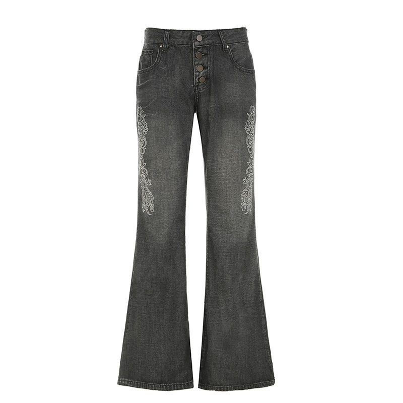 Vintage Tribal Print Distressed Gray Denim Pants for Women - Slim Fit Flared Style, American 90s Fashion Inspired