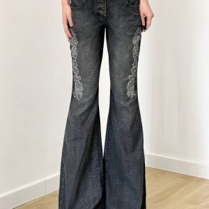 Vintage Tribal Print Distressed Gray Denim Pants for Women - Slim Fit Flared Style, American 90s Fashion Inspired