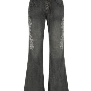 Vintage Tribal Print Distressed Gray Denim Pants for Women - Slim Fit Flared Style, American 90s Fashion Inspired