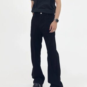 Vintage Vibe Black Micro Flare Jeans for Men, Deconstructed Slim Fit Long Pants, Trendy 90s Style