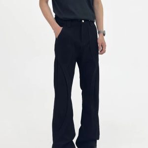 Vintage Vibe Black Micro Flare Jeans for Men, Deconstructed Slim Fit Long Pants, Trendy 90s Style