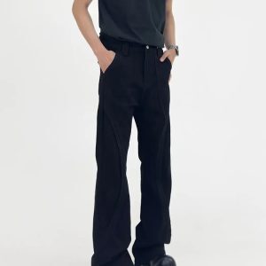Vintage Vibe Black Micro Flare Jeans for Men, Deconstructed Slim Fit Long Pants, Trendy 90s Style