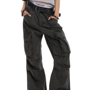Vintage Wash Distressed Cargo Pants for Men and Women, Trendy Multi-Pocket Loose Fit, Casual Slightly Wrinkled Style