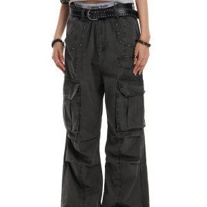 Vintage Wash Distressed Cargo Pants for Men and Women, Trendy Multi-Pocket Loose Fit, Casual Slightly Wrinkled Style