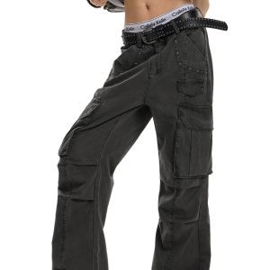 Vintage Wash Distressed Cargo Pants for Men and Women, Trendy Multi-Pocket Loose Fit, Casual Slightly Wrinkled Style