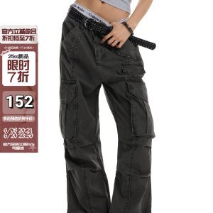 Vintage Wash Distressed Cargo Pants for Men and Women, Trendy Multi-Pocket Loose Fit, Casual Slightly Wrinkled Style