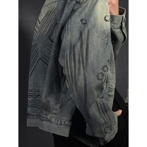 Vintage Wash Graffiti Denim Jacket - Long Sleeve Casual American Style for Early Autumn 2024