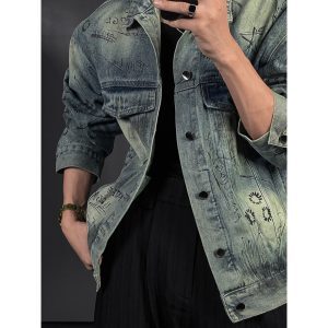 Vintage Wash Graffiti Denim Jacket - Long Sleeve Casual American Style for Early Autumn 2024