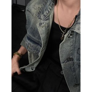 Vintage Wash Graffiti Denim Jacket - Long Sleeve Casual American Style for Early Autumn 2024