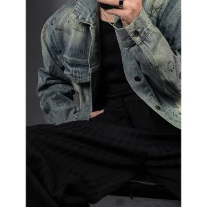 Vintage Wash Graffiti Denim Jacket - Long Sleeve Casual American Style for Early Autumn 2024