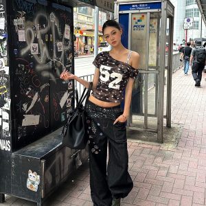 Vintage Wash Wide-Leg Belted Printed Straight-Leg Jeans - Versatile Street Style Fashion