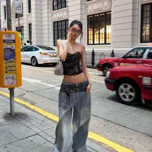 Vintage Wash Wide-Leg Belted Printed Straight-Leg Jeans - Versatile Street Style Fashion