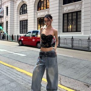 Vintage Wash Wide-Leg Belted Printed Straight-Leg Jeans - Versatile Street Style Fashion
