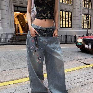 Vintage Wash Wide-Leg Belted Printed Straight-Leg Jeans - Versatile Street Style Fashion