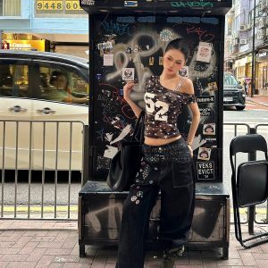 Vintage Wash Wide-Leg Belted Printed Straight-Leg Jeans - Versatile Street Style Fashion