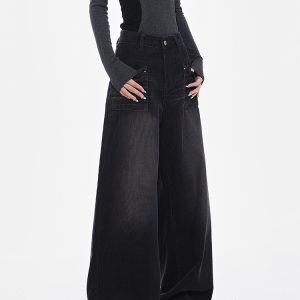 Vintage Washed Black Corduroy Wide-Leg Jeans for Women - High Waist Loose Floor-Length Pants - Autumn Winter Fashion