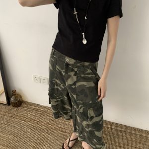 Vintage Washed Camouflage Cargo Pants for Men and Women - Loose Fit, Versatile American-Style Cropped Casual Pants