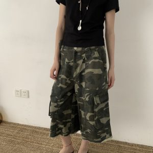Vintage Washed Camouflage Cargo Pants for Men and Women - Loose Fit, Versatile American-Style Cropped Casual Pants