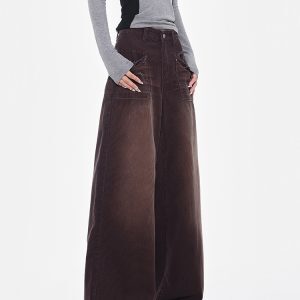 Vintage Washed Coffee Color High Waist Loose Wide Leg Corduroy Jeans for Women - Straight Leg Autumn Winter Fashion