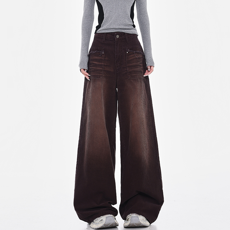 Vintage Washed Coffee Color High Waist Loose Wide Leg Corduroy Jeans for Women - Straight Leg Autumn Winter Fashion