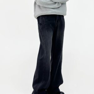 Vintage Washed Denim Pants for Men - Mid-Rise, Slimming, Slightly Flared, Casual Loose Fit, American Style, 90s Inspired Fashion.