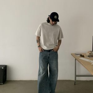 Vintage Washed Distressed A-Line Jeans for Unisex - Tailored Loose Fit Pants with Three-Dimensional Design, Retro Style