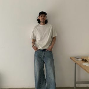Vintage Washed Distressed A-Line Jeans for Unisex - Tailored Loose Fit Pants with Three-Dimensional Design, Retro Style