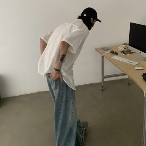 Vintage Washed Distressed A-Line Jeans for Unisex - Tailored Loose Fit Pants with Three-Dimensional Design, Retro Style