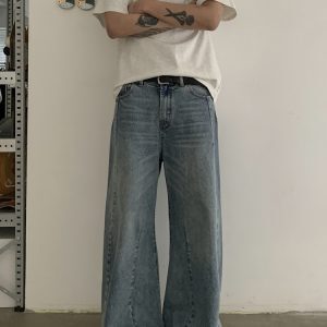 Vintage Washed Distressed A-Line Jeans for Unisex - Tailored Loose Fit Pants with Three-Dimensional Design, Retro Style