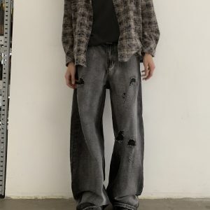 Vintage Washed Distressed Black Baggy Jeans for Unisex - Trendy 90s Inspired Loose Straight Casual Pants