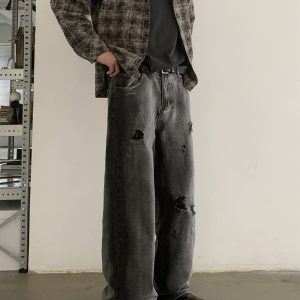 Vintage Washed Distressed Black Baggy Jeans for Unisex - Trendy 90s Inspired Loose Straight Casual Pants