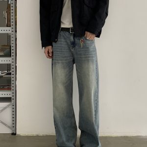 Vintage Washed Distressed Clean Fit Unisex Straight Leg Jeans - Trendy High-End Casual Pants for a Timeless Look